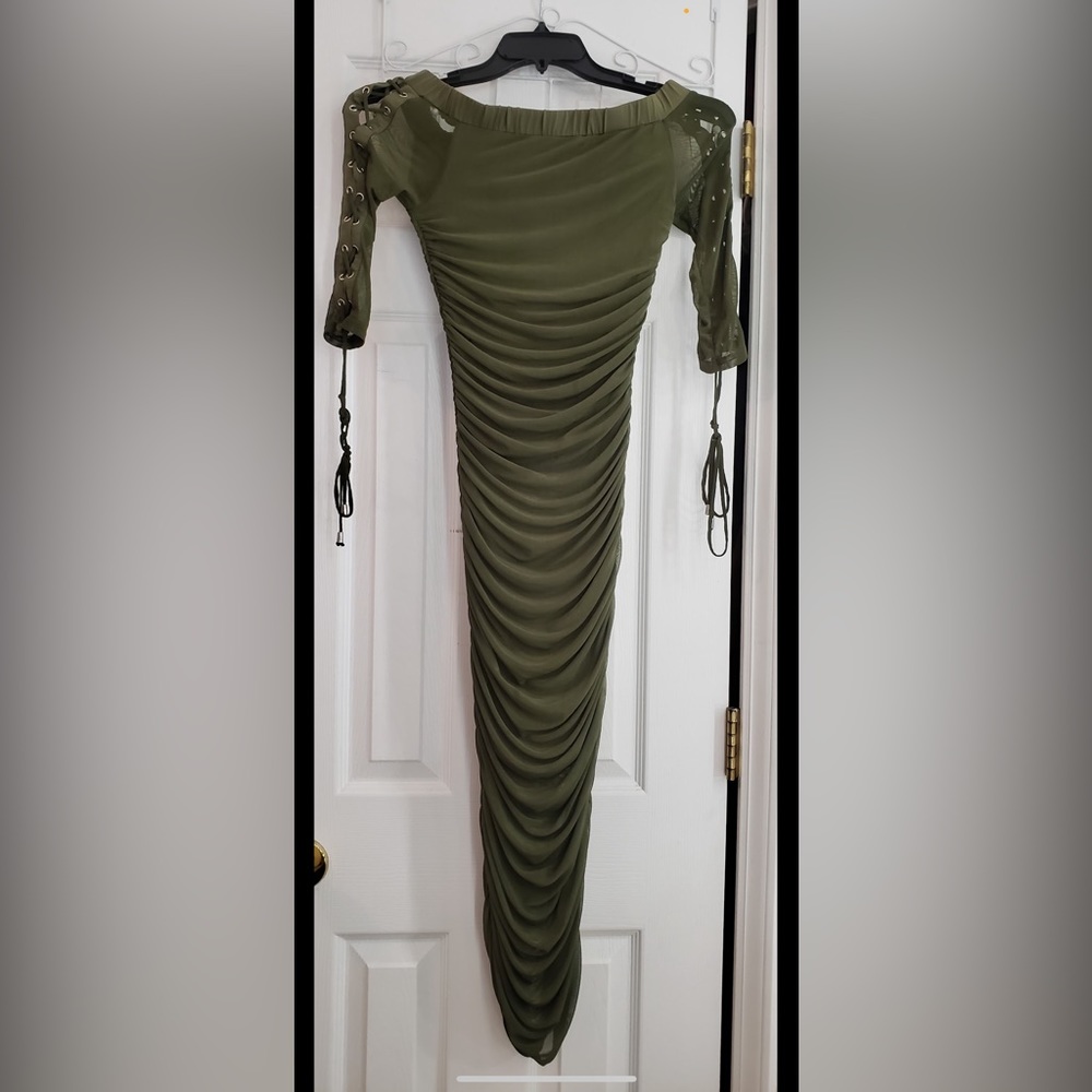 Off the shoulder olive midi dress